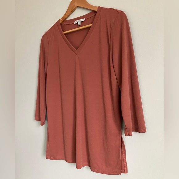 GREEN ENVELOPE Mauve Micro Ribbed V-Neck 3/4 Sleeve Top Size S - Picture 5 of 10